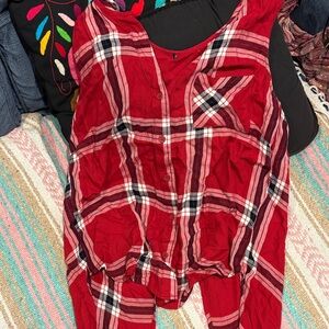 Red Plaid Sleeveless Button-Up Top